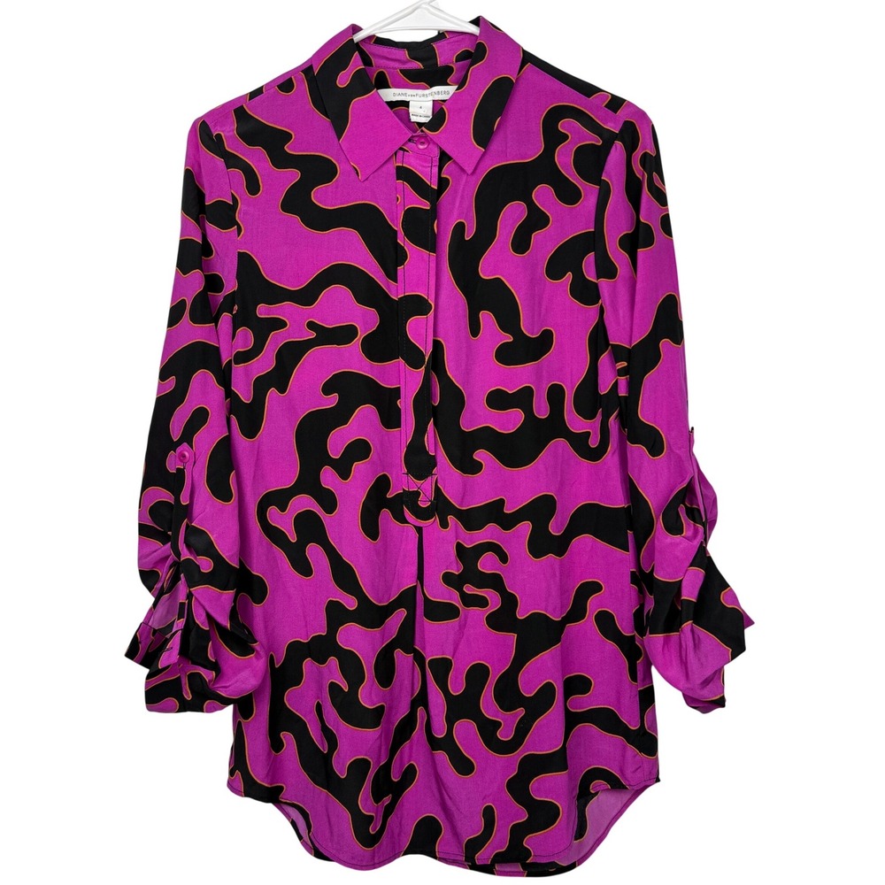 Diane von Furstenberg Silk Blouse Purple Black Firebird‎ Print Sz 4 Button Front
